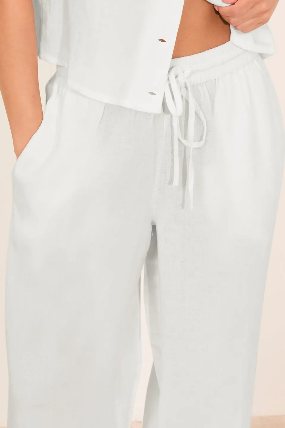 Trousers>PIXIEGIRL Petite White Linen Drawstring Wide Leg Trousers