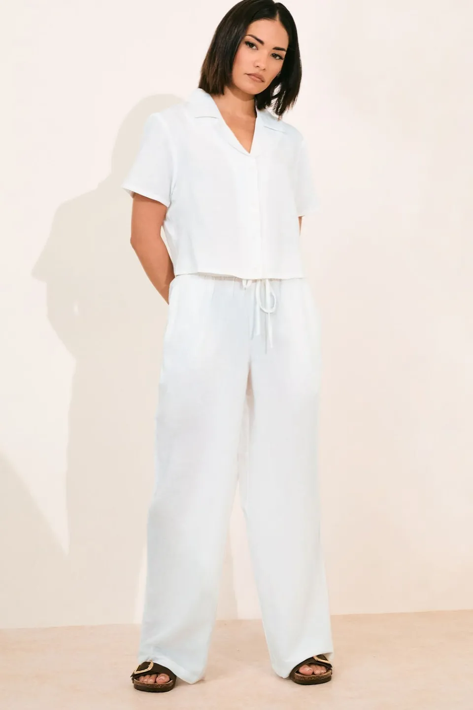 Trousers>PIXIEGIRL Petite White Linen Drawstring Wide Leg Trousers