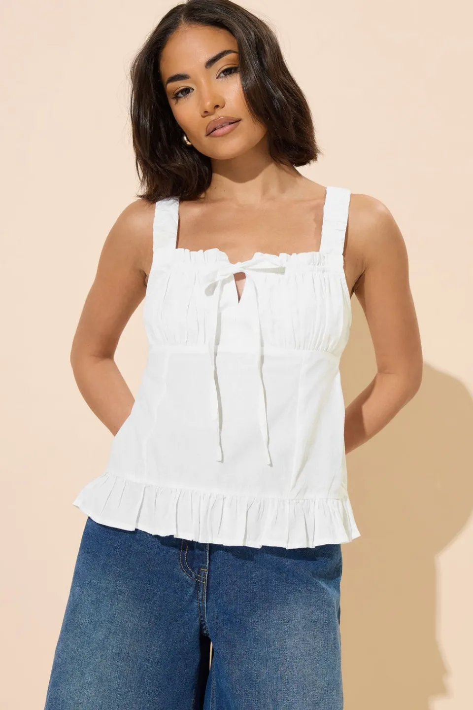 Tops>PIXIEGIRL Petite White Ruched Bust Tie Front Top