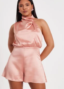 Jumpsuits & Playsuits>Quiz Apricot Satin Asymmetric Playsuit