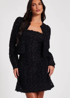 Coats & Jackets>Quiz Black Chiffon Floral Cropped Jacket