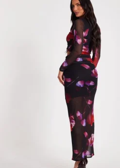 Tops>Quiz Black Floral Mesh Crop Top