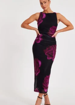 Dresses>Quiz Black Floral Mesh Midaxi Dress