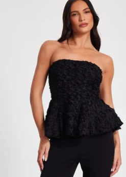 Tops>Quiz Black Floral Textured Peplum Top