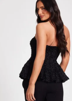 Tops>Quiz Black Floral Textured Peplum Top