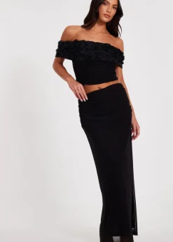 Skirts>Quiz Black Mesh Ruched Midaxi Skirt
