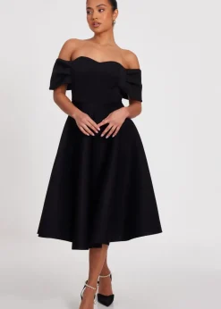 Dresses>Quiz Black Petite Bardot Midi Skater Dress