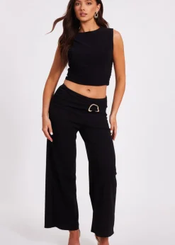 Co-Ord Sets>Quiz Black Petite Tie Waist Palazzo Trousers