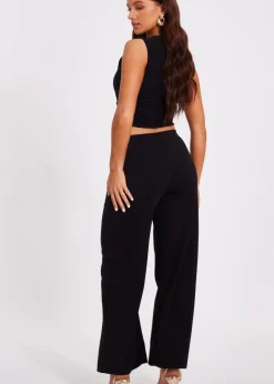 Co-Ord Sets>Quiz Black Petite Tie Waist Palazzo Trousers
