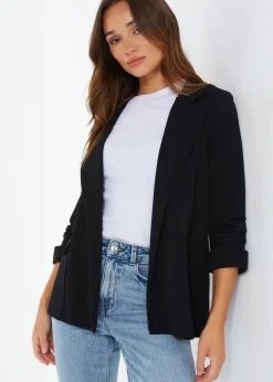 Coats & Jackets>Quiz Ruched Sleeve Blazer Black