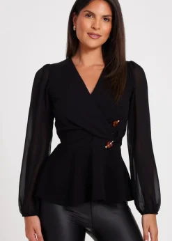 Tops>Quiz Black Wrap Front Buckle Top
