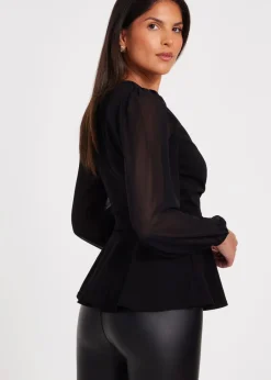 Tops>Quiz Black Wrap Front Buckle Top