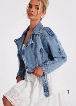 Coats & Jackets>Quiz Blue Denim Biker Jacket