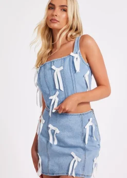 Skirts>Quiz Blue Denim Bow Detail Skirt