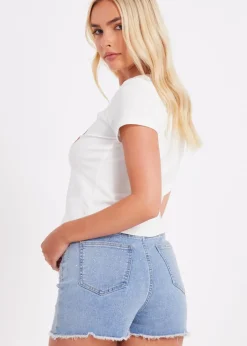 Shorts>Quiz Blue Denim Embellished Shorts