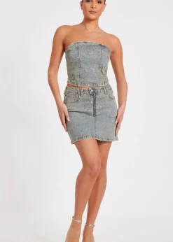 Skirts>Quiz Blue Denim Embellished Mini Skirt