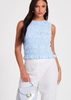 Tops>Quiz Blue Jacquard Gathered Top