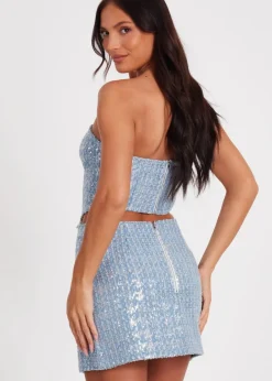 Tops>Quiz Blue Sequin Denim Bandeau Top