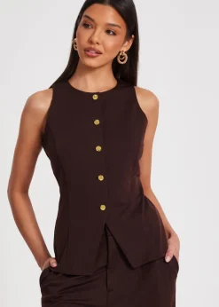 Coats & Jackets>Quiz Brown Button Front Waistcoat