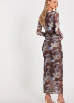 Dresses>Quiz Brown Mesh Printed Midaxi Dress