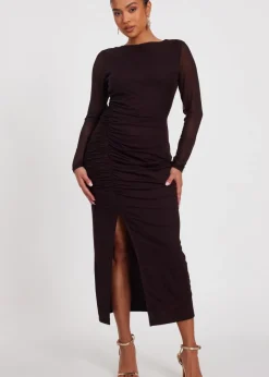 Dresses>Quiz Brown Petite Mesh Long Sleeve Midaxi Dress
