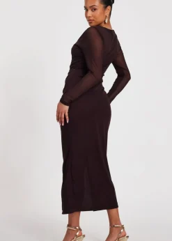 Dresses>Quiz Brown Petite Mesh Long Sleeve Midaxi Dress