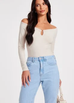 Tops>Quiz Cream Bardot Bodysuit