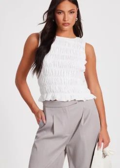 Tops>Quiz Cream Jacquard Gathered Top