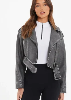 Coats & Jackets>Quiz Faux Leather Oversized Biker Jacket Grey