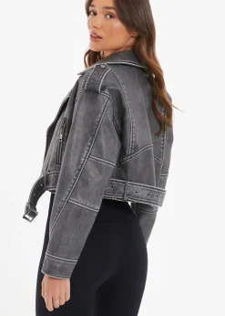 Coats & Jackets>Quiz Faux Leather Oversized Biker Jacket Grey