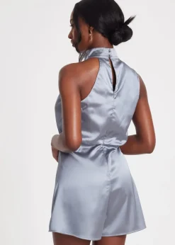Jumpsuits & Playsuits>Quiz Grey Satin Asymmetric Playsuit