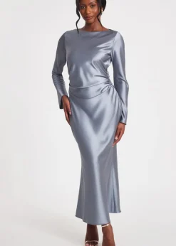 Dresses>Quiz Grey Satin Ruched Side Midaxi Dress