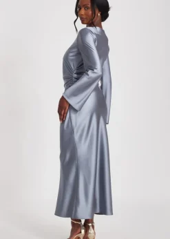 Dresses>Quiz Grey Satin Ruched Side Midaxi Dress