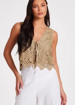 Tops>Quiz Khaki Crochet Waistcoat