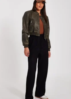 Coats & Jackets>Quiz Khaki Faux Leather Bomber Jacket