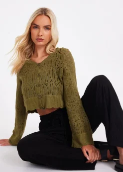 Tops>Quiz Khaki Knit Cropped Cardigan