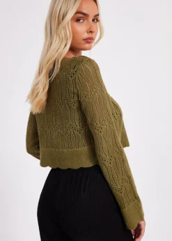 Tops>Quiz Khaki Knit Cropped Cardigan