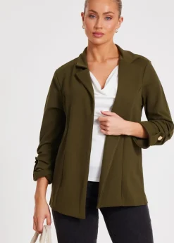 Coats & Jackets>Quiz Khaki Ruched Sleeve Blazer
