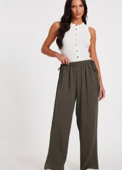 Trousers>Quiz Khaki Tie Waist Palazzo Trousers