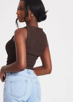 Tops>Quiz Mocha Textured Mesh Top