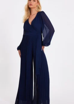 Jumpsuits & Playsuits>Quiz Navy Chiffon Pleated Jumpsuit
