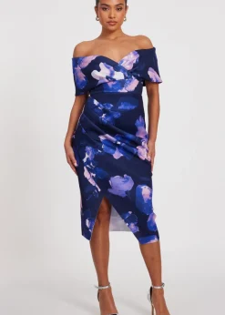 Dresses>Quiz Navy Petite Floral Bardot Midi Dress