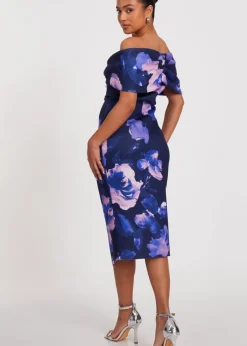 Dresses>Quiz Navy Petite Floral Bardot Midi Dress