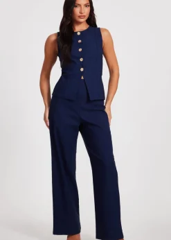 Trousers>Quiz Navy Pinstripe Wide Leg Trousers