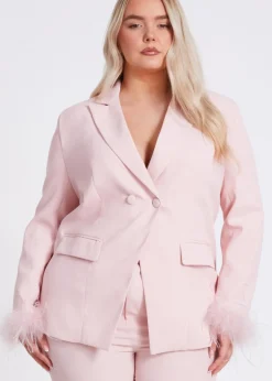 Coats & Jackets>Quiz Pink Curve Feather Trim Blazer
