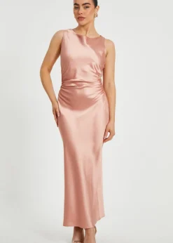 Dresses>Quiz Pink Petite Satin Ruched Midaxi Dress