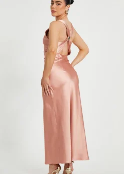 Dresses>Quiz Pink Petite Satin Ruched Midaxi Dress