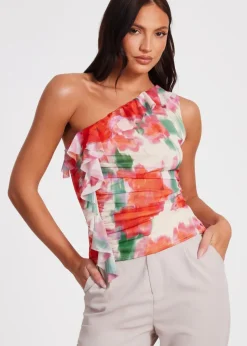 Tops>Quiz Red Printed Mesh Ruffle Top