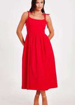 Dresses>Quiz Red Tie Shoulder Midi Dress