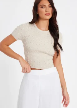Tops>Quiz Stone Knit Embellished Crop Top